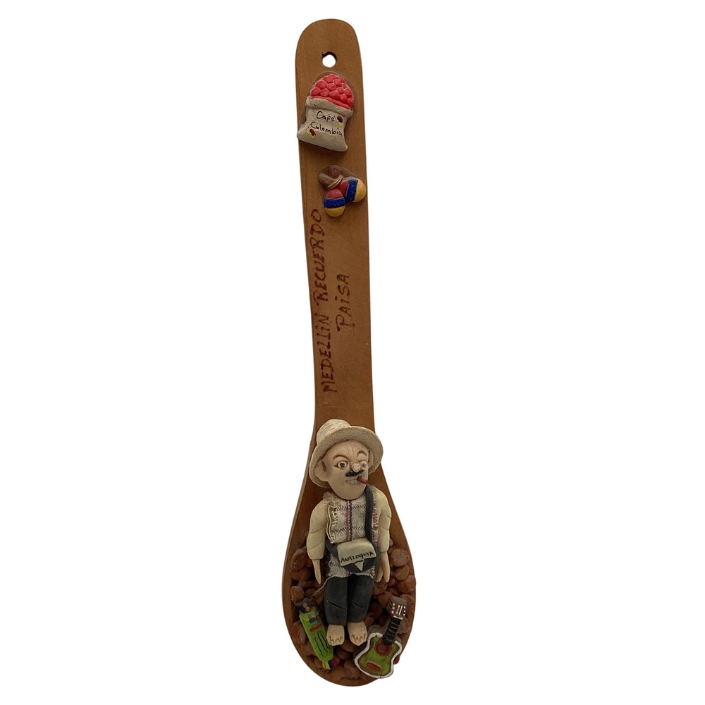 Vintage Medellin Colombia Paisa Wooden Souvenir Spoon 13in Folk Art Wall Decor